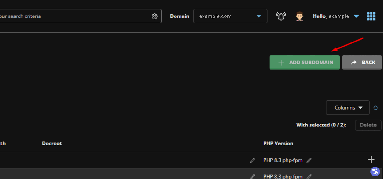 Add Subdomain در دایرکت ادمین