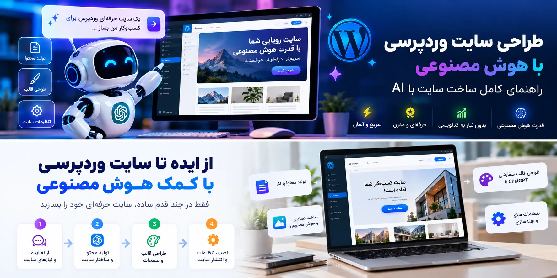 طراحی سایت وردپرسی با هوش مصنوعی؛ راهنمای کامل ساخت سایت با AI طراحی سایت وردپرسی با هوش مصنوعی؛ راهنمای کامل ساخت سایت با AI